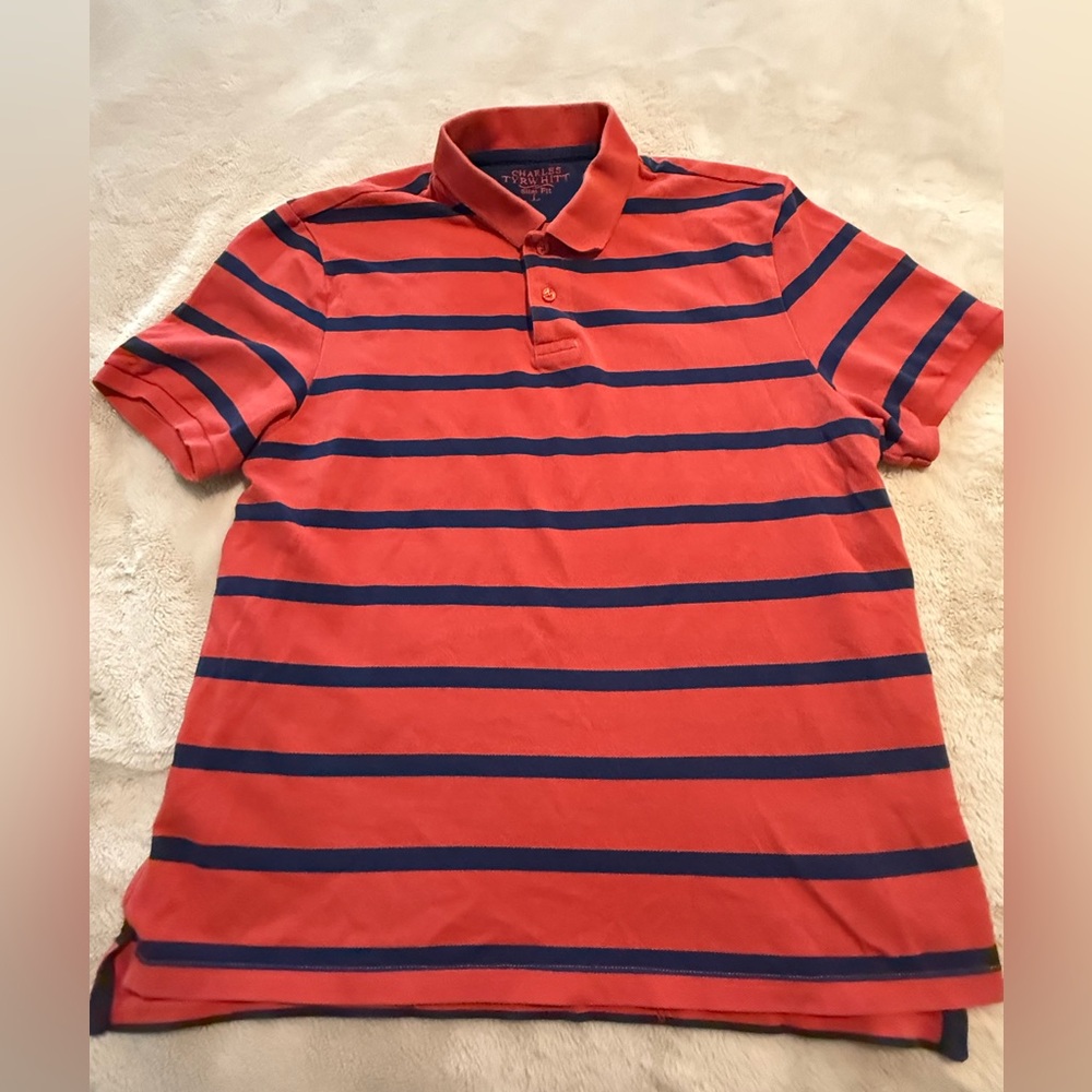 Men’s Polo by Charles Tyrwhitt Red and Navy Striped. Size Slim Fit Large.